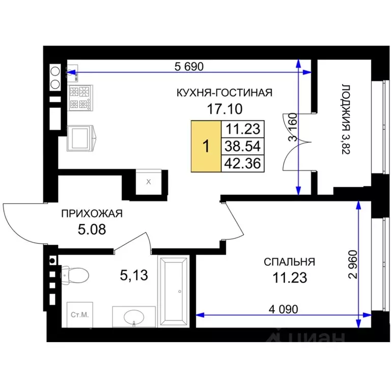 1-к кв. Калининградская область, Гурьевск Включи жилой комплекс (43.0 ... - Фото 1