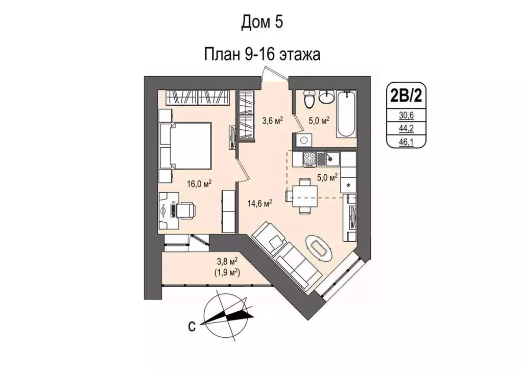 2-к кв. Кемеровская область, Кемерово 55-й мкр, 5 (46.1 м) - Фото 0