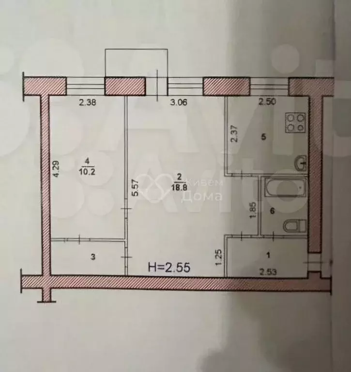 2-к. квартира, 44,5 м, 5/5 эт. - Фото 0