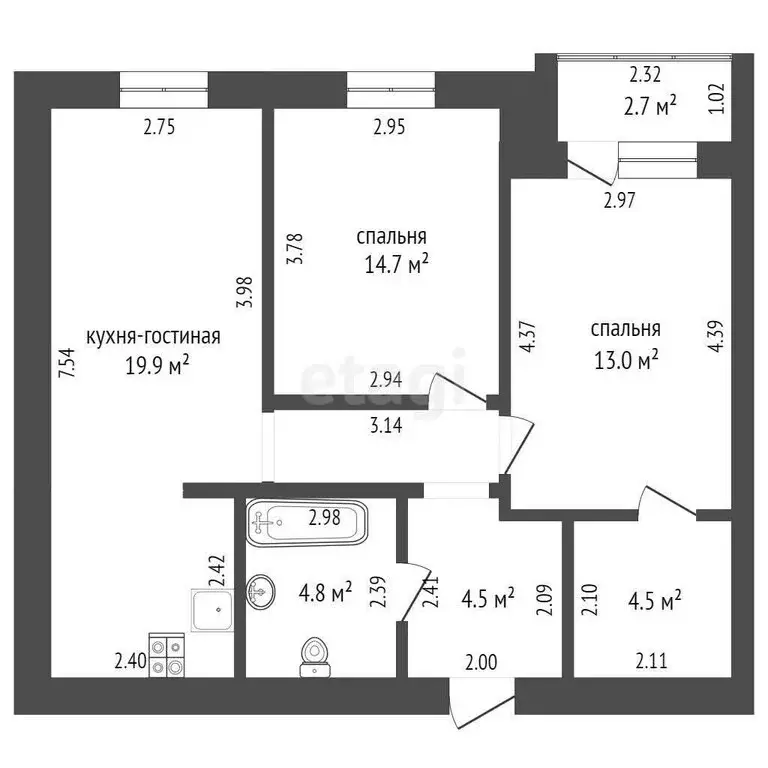 2-комнатная квартира: Тюмень, Полевая улица, 105 (61.9 м) - Фото 1