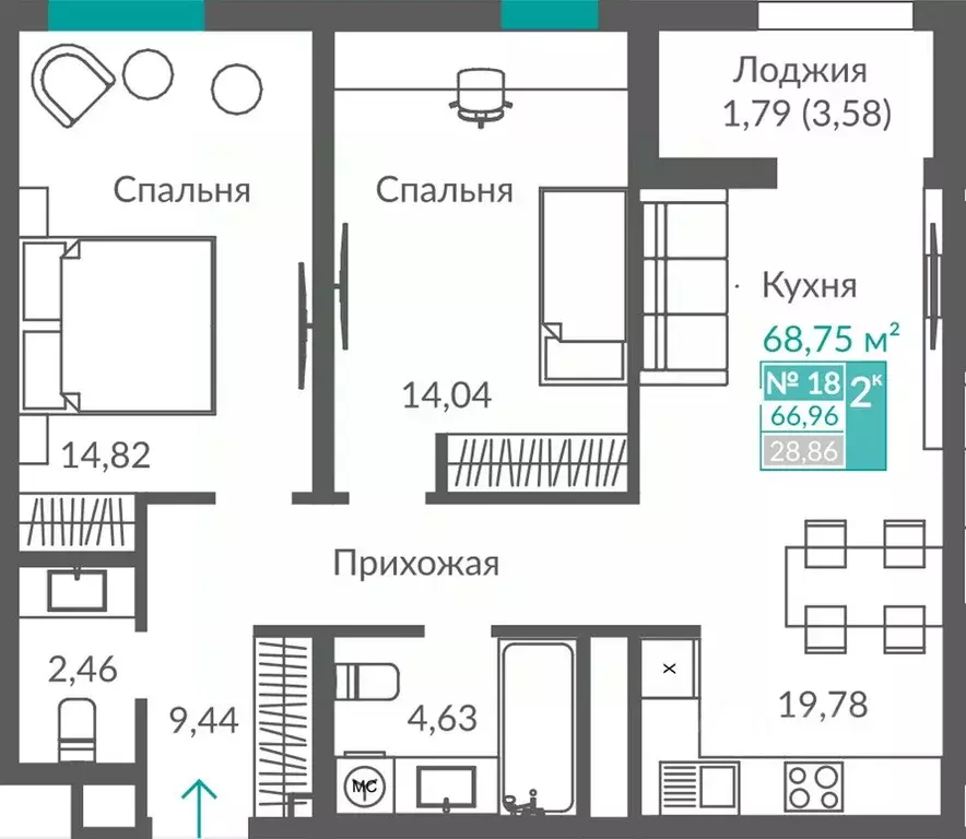 2-к кв. Севастополь ш. Балаклавское (66.96 м) - Фото 1