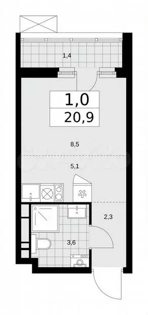 Квартира-студия, 20,9м, 11/16эт. - Фото 1