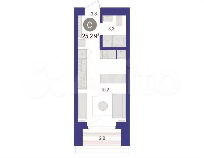 Квартира-студия, 25,2 м, 3/16 эт. - Фото 1