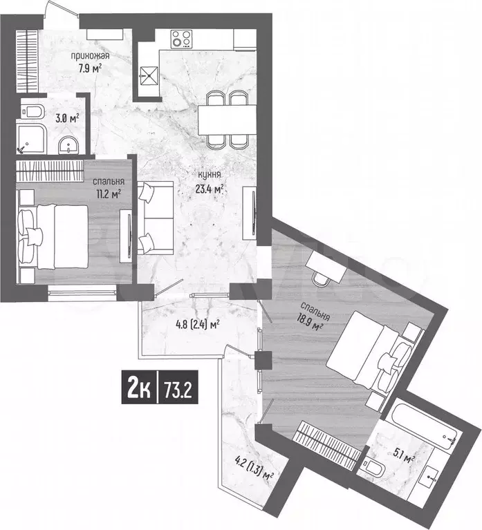 2-к. квартира, 73,2 м, 1/5 эт. - Фото 1