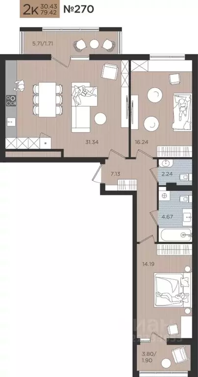 2-к кв. Калининградская область, Калининград Мой Город жилой комплекс ... - Фото 1