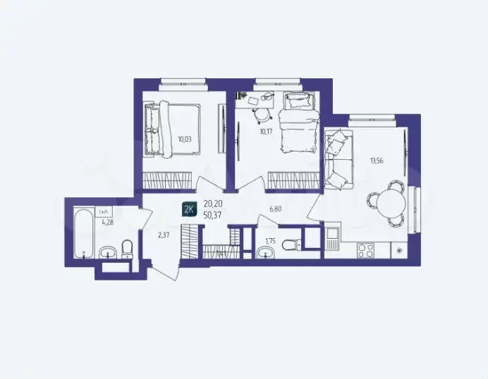 2-к. квартира, 50 м, 17/19 эт. - Фото 1