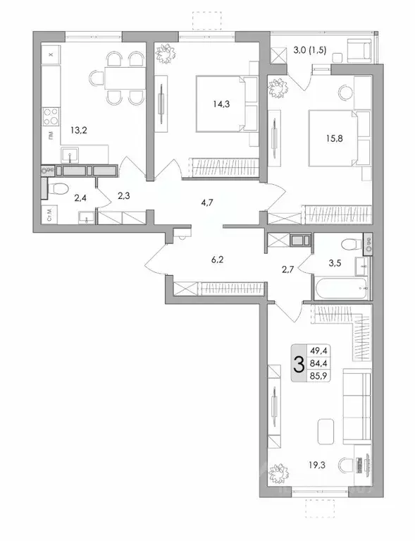 3-к кв. воронежская область, воронеж ул. шишкова, 140б/16 (85.9 м) - Фото 0