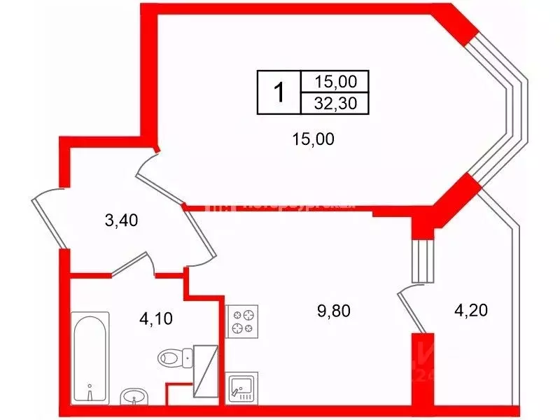 1-к кв. Санкт-Петербург ул. Летчика Лихолетова, 14к2 (32.3 м) - Фото 2