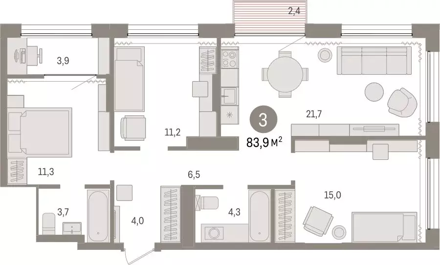 3-комнатная квартира: Тюмень, Краснооктябрьская улица, 4к3 (83.88 м) - Фото 1