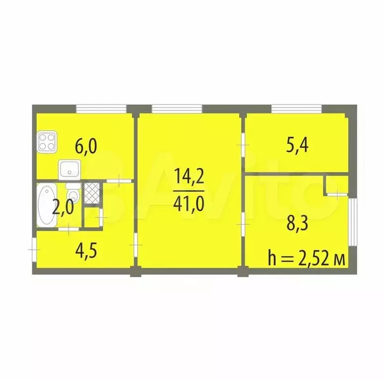 3-к. квартира, 41 м, 2/4 эт. - Фото 0