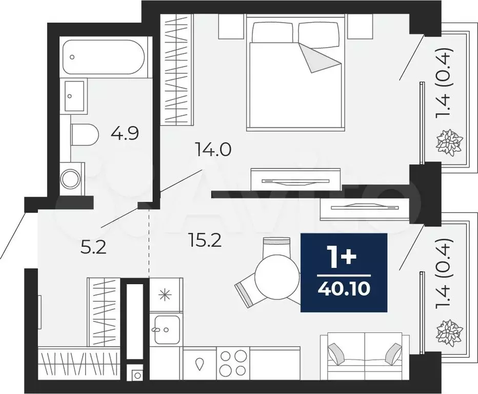 1-к. квартира, 40,1м, 4/16эт. - Фото 1