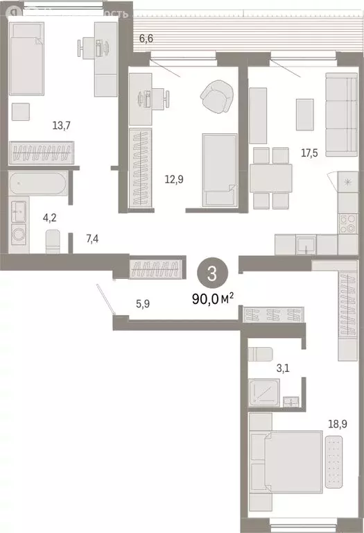 3-комнатная квартира: Новосибирск, Большевистская улица, с49 (90.02 м) - Фото 0