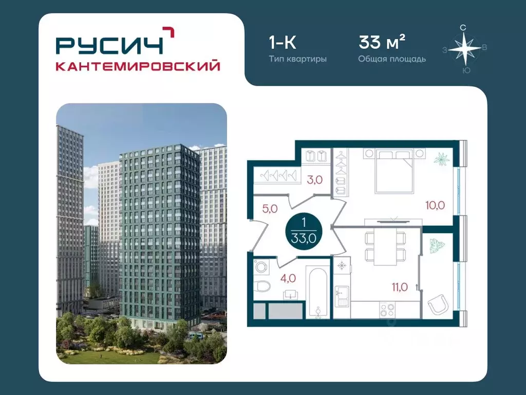 1-к кв. Москва Русич Кантемировский жилой комплекс (33.0 м) - Фото 1
