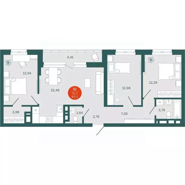 3-к кв. Тюменская область, Тюмень Одесская ул., 7к2 (78.71 м) - Фото 0