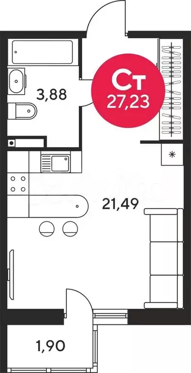 Квартира-студия, 27,2 м, 12/25 эт. - Фото 0