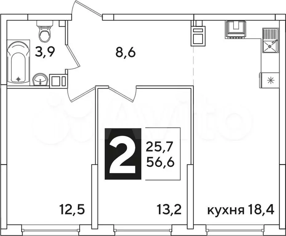 2-к. квартира, 56,6 м, 5/16 эт. - Фото 1