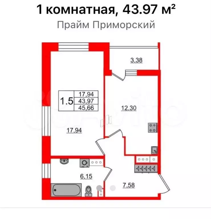 1-к. квартира, 44 м, 8/12 эт. - Фото 0