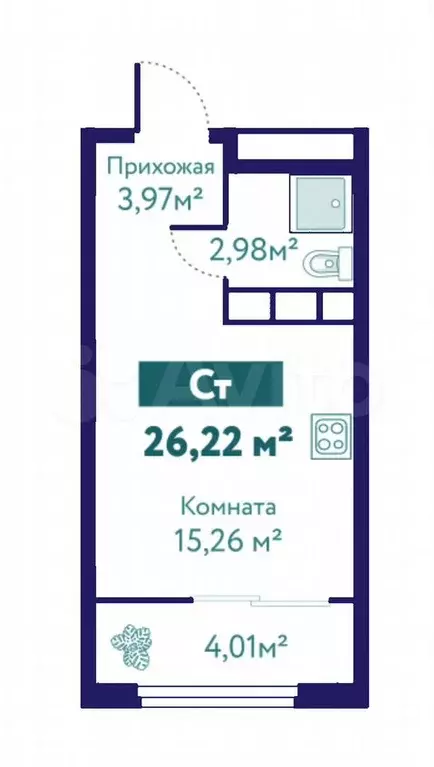 Квартира-студия, 26,2 м, 4/10 эт. - Фото 1
