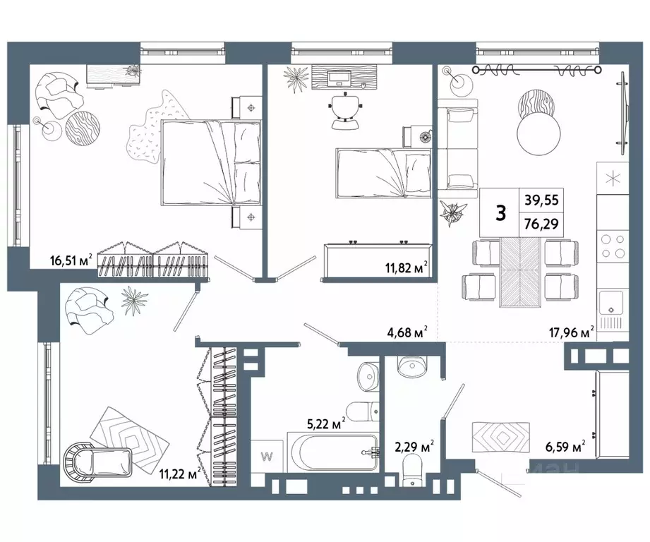 3-к кв. Башкортостан, Уфа 42-й кв-л,  (76.29 м) - Фото 1