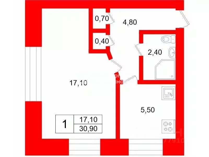 1-к кв. Санкт-Петербург ул. Пилотов, 15К1 (30.9 м) - Фото 2