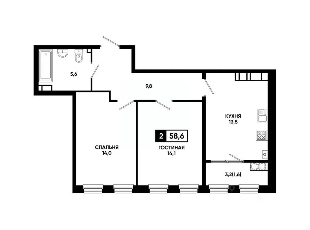 2-к кв. Ставропольский край, Ставрополь ул. Доваторцев, 179Гк1 (58.6 ... - Фото 1
