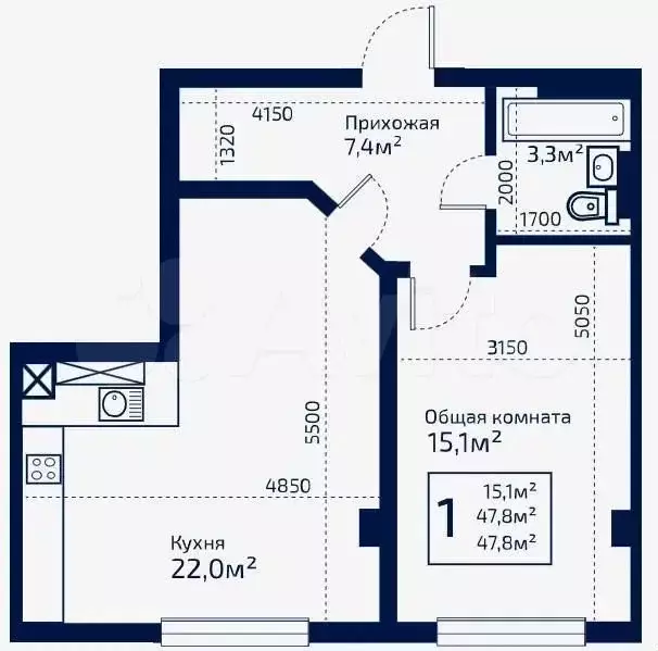 1-к. квартира, 44,7 м, 3/9 эт. - Фото 0