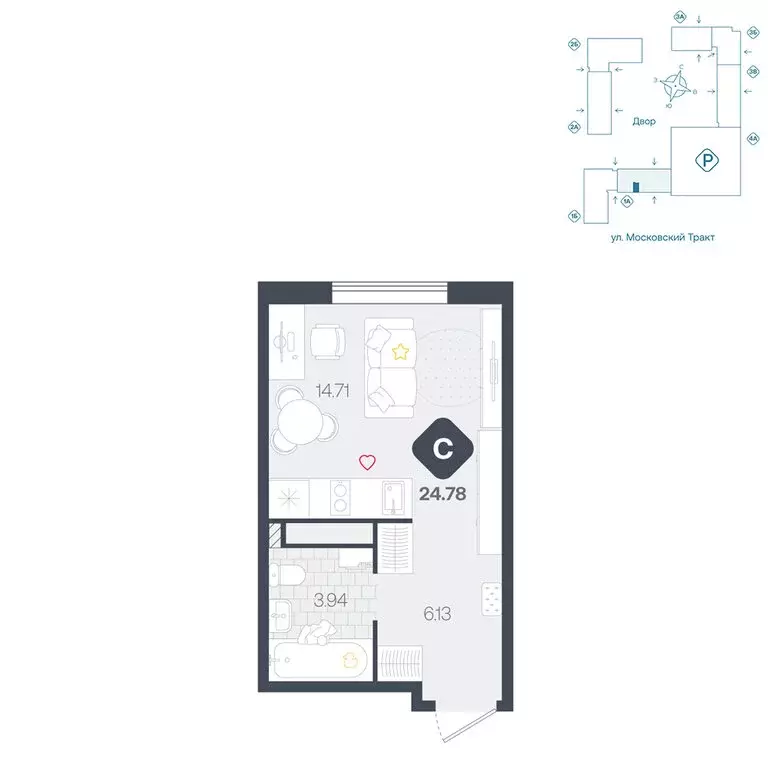 Квартира-студия: Тюмень, жилой комплекс Сибирский (24.78 м) - Фото 1