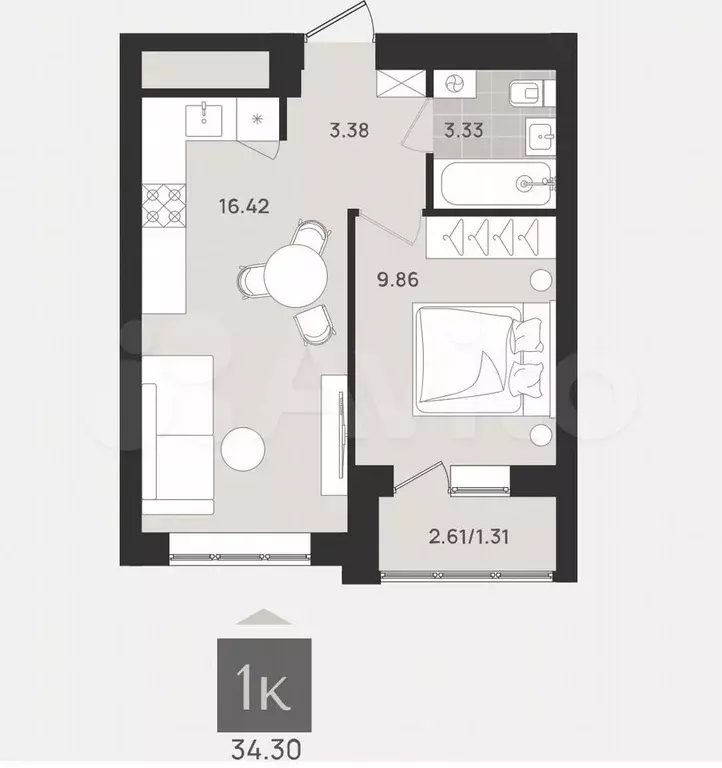 1-к. квартира, 34,3 м, 7/9 эт. - Фото 1
