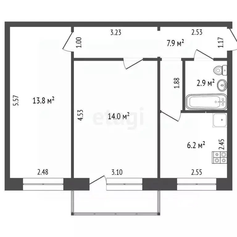 2-к кв. Томская область, Северск ул. Крупской, 21 (44.8 м) - Фото 2