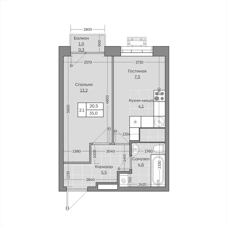 2-комнатная квартира: село Усады, улица Тёплых Встреч, 9 (34.99 м) - Фото 1