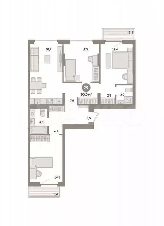3-к. квартира, 90,6 м, 4/9 эт. - Фото 0