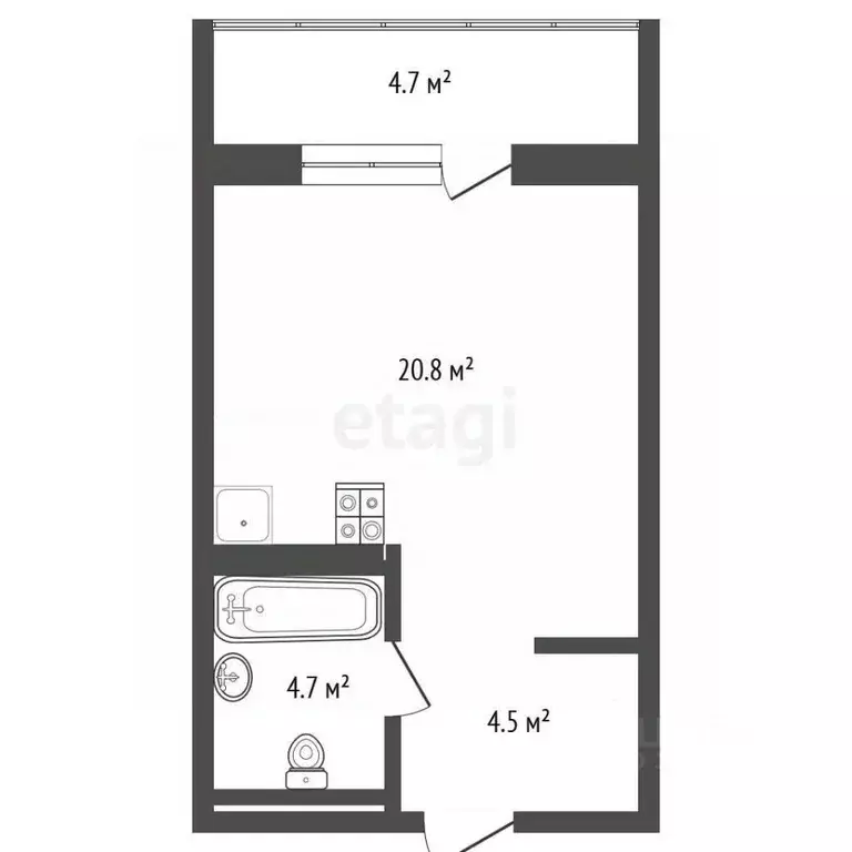 Студия Тюменская область, Тюмень ул. Николая Ростовцева, 26к1 (29.2 м) - Фото 2