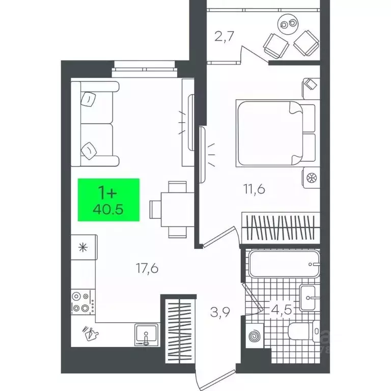 1-к кв. Тюменская область, Тюмень ул. Василия Малкова, 19 (40.54 м) - Фото 0