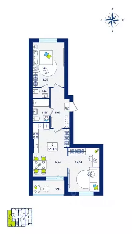 2-к кв. Калининградская область, Зеленоградск  (59.61 м) - Фото 1