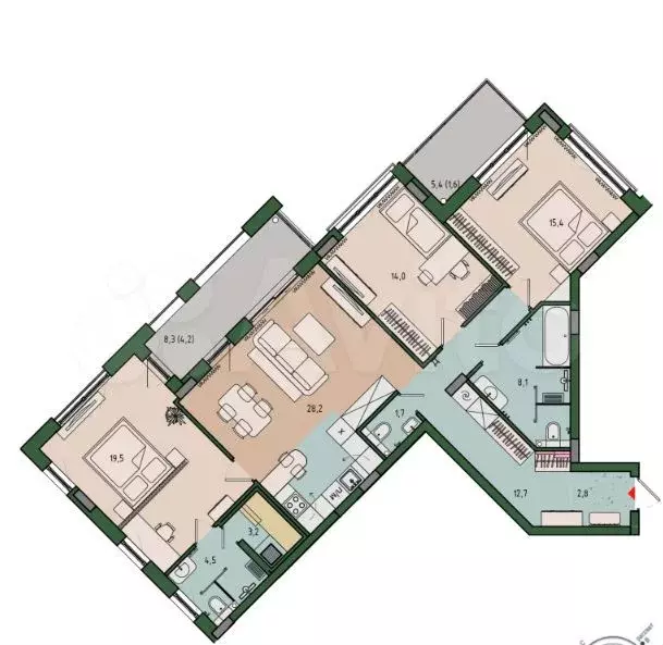 3-к. квартира, 115,5 м, 2/12 эт. - Фото 1