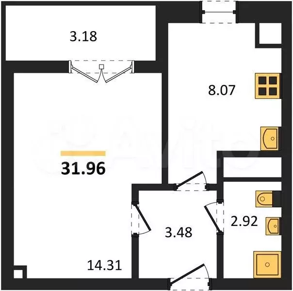 1-к. квартира, 32 м, 2/9 эт. - Фото 1