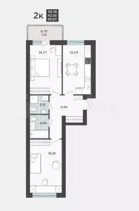 2-к. квартира, 65,7 м, 1/9 эт. - Фото 1