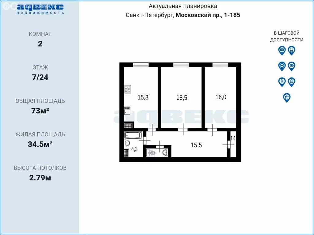 2-комнатная квартира: Санкт-Петербург, Московский проспект, 1/2 (73 м) - Фото 2