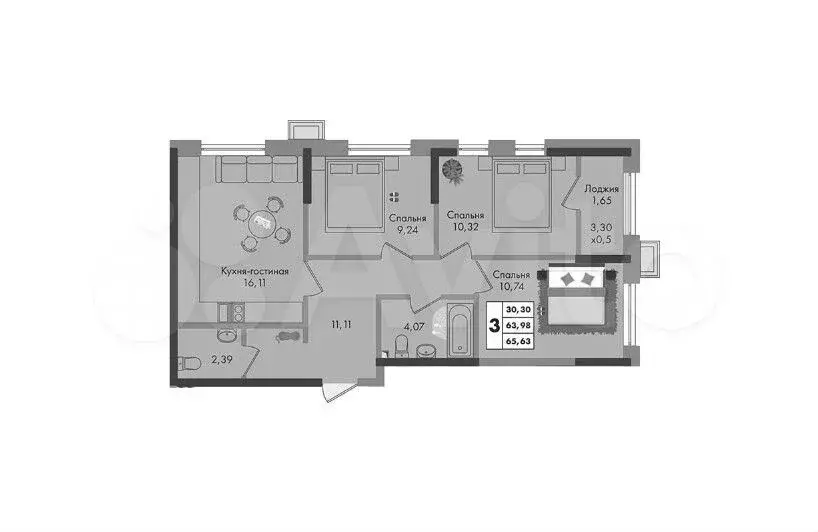 3-к. квартира, 65,6 м, 6/9 эт. - Фото 1