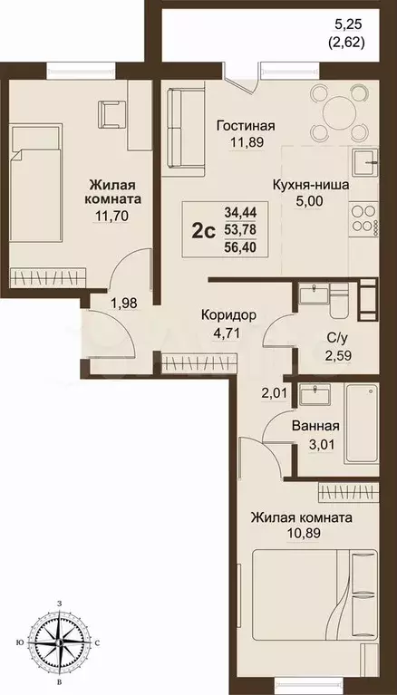 2-к. квартира, 56,4 м, 7/9 эт. - Фото 0