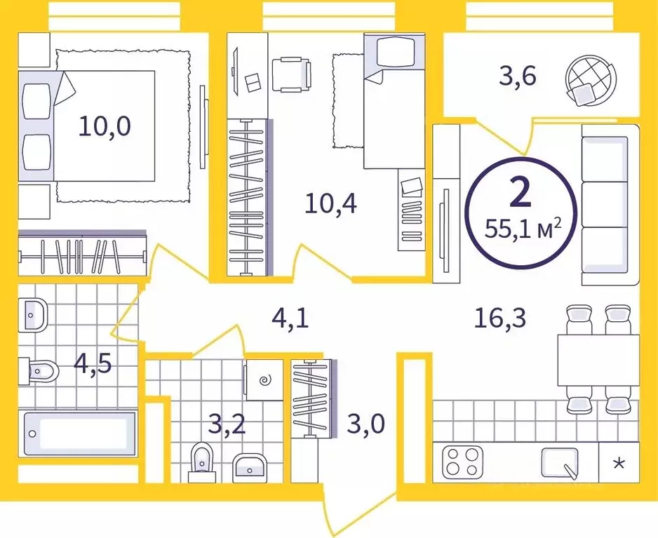 2-к кв. Свердловская область, Екатеринбург ул. Щербакова, 76 (53.26 м) - Фото 1