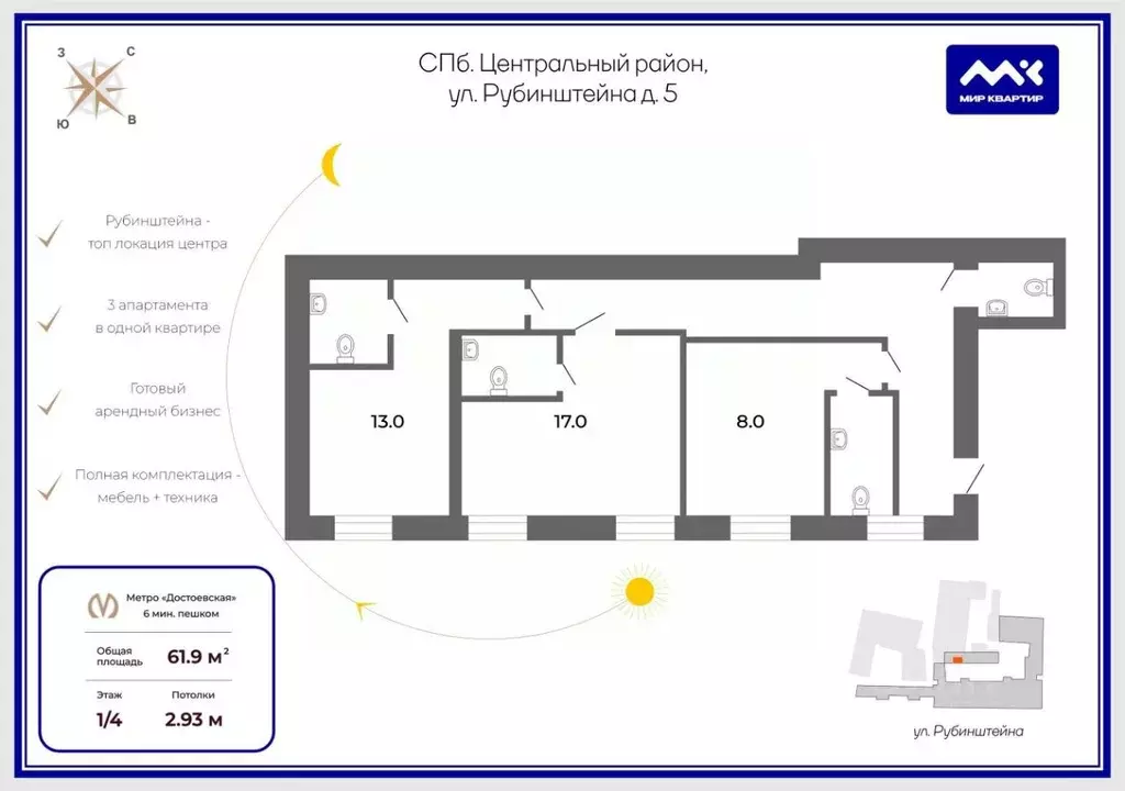 3-к кв. Санкт-Петербург наб. Реки Фонтанки, 46В (61.9 м) - Фото 2