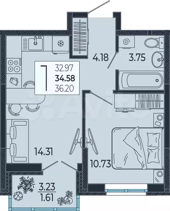 1-к. квартира, 34,6 м, 16/21 эт. - Фото 0