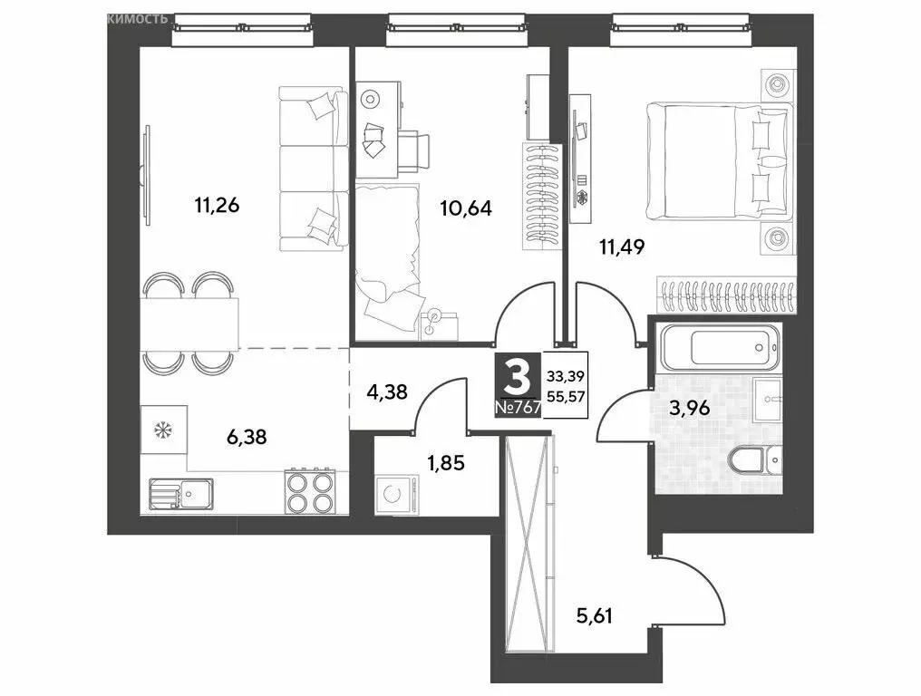 3-комнатная квартира: калуга, улица болдина, 22/1 (55.57 м) - Фото 0