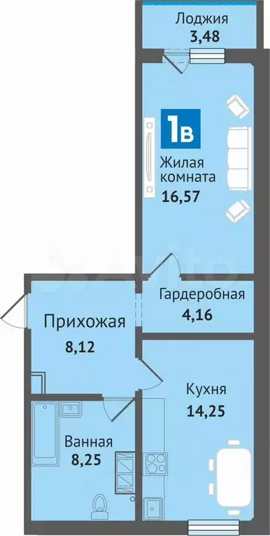 1-к. квартира, 54,9 м, 13/16 эт. - Фото 0