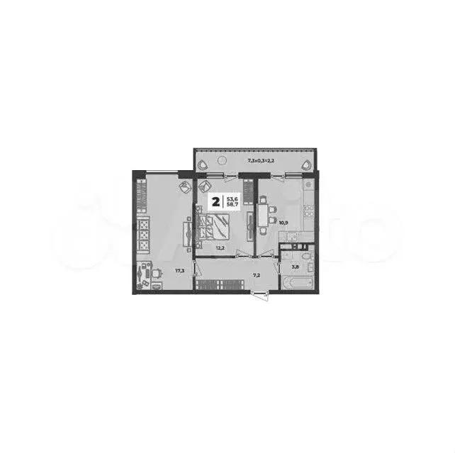2-к. квартира, 53,6 м, 9/9 эт. - Фото 0
