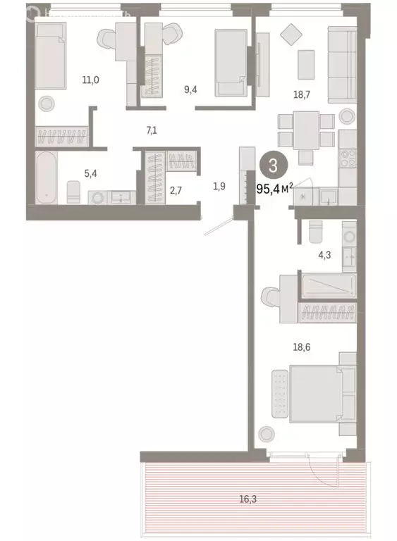 3-комнатная квартира: Новосибирск, квартал Лебедевский, 1/3 (95.4 м) - Фото 2