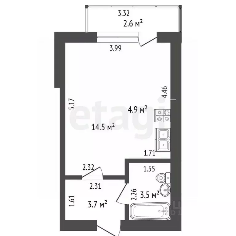 Студия Башкортостан, Стерлитамак ул. Кочетова, 31А (27.0 м) - Фото 2