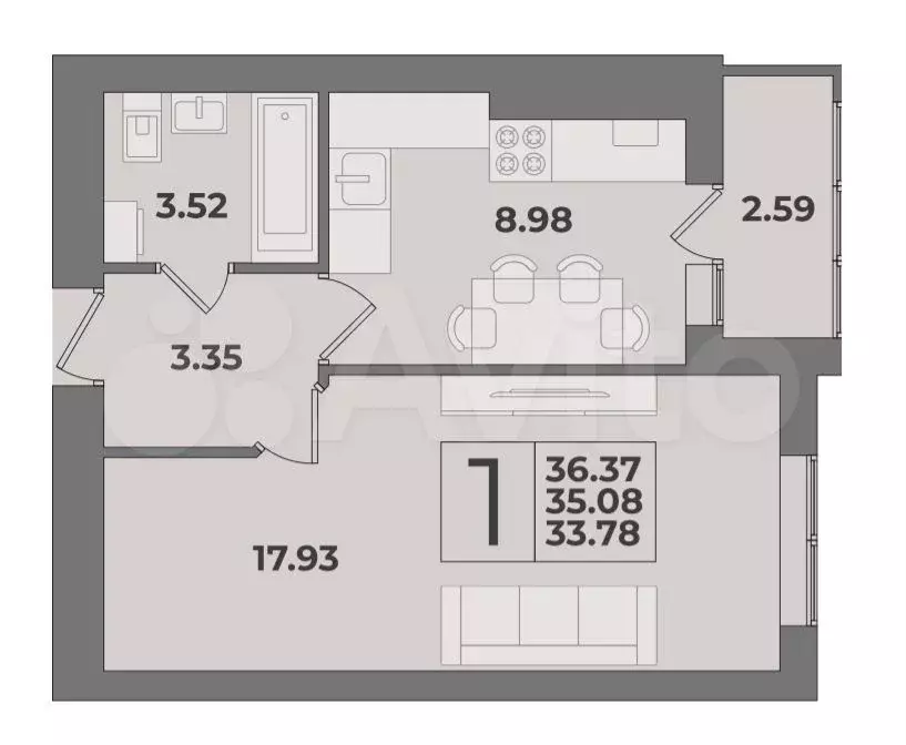 1-к. квартира, 36 м, 2/9 эт. - Фото 1