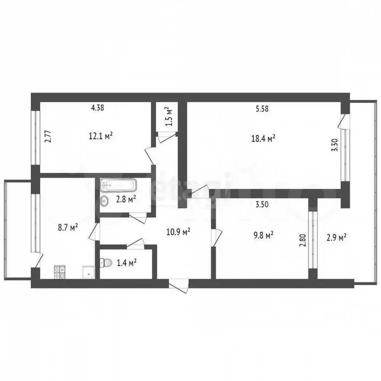3-к. квартира, 65,6 м, 3/5 эт. - Фото 0
